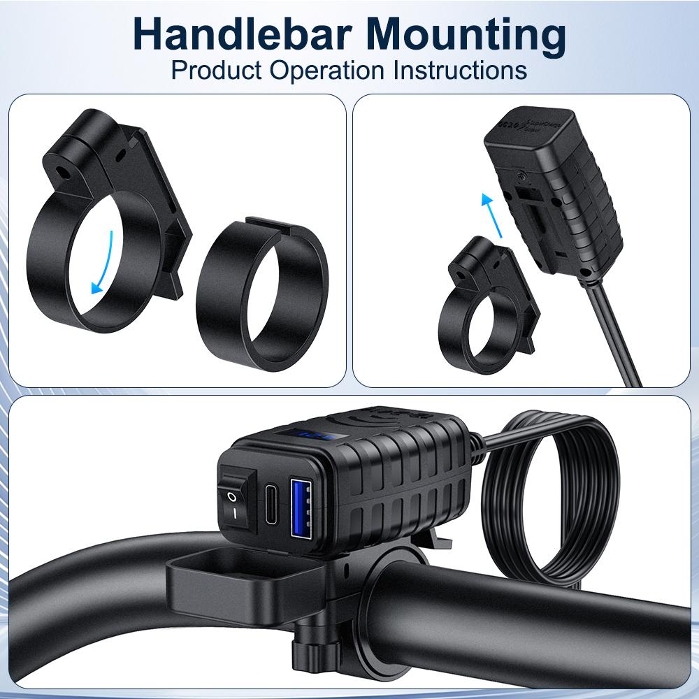 Motorcycle 48W Mobile Phone Quick Charger Waterproof and Dustproof  Intelligent Fast Charging Voltage Display ON/Off