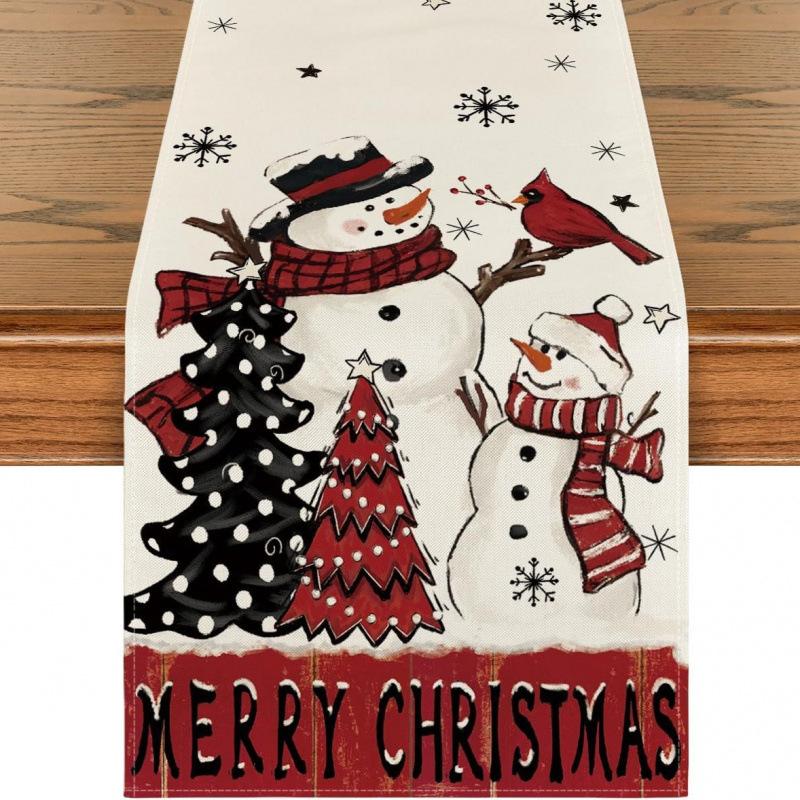 Festive Snowman Christmas Tree Table Runner Home Kitchen Dining Tablecloth for Party Decoration