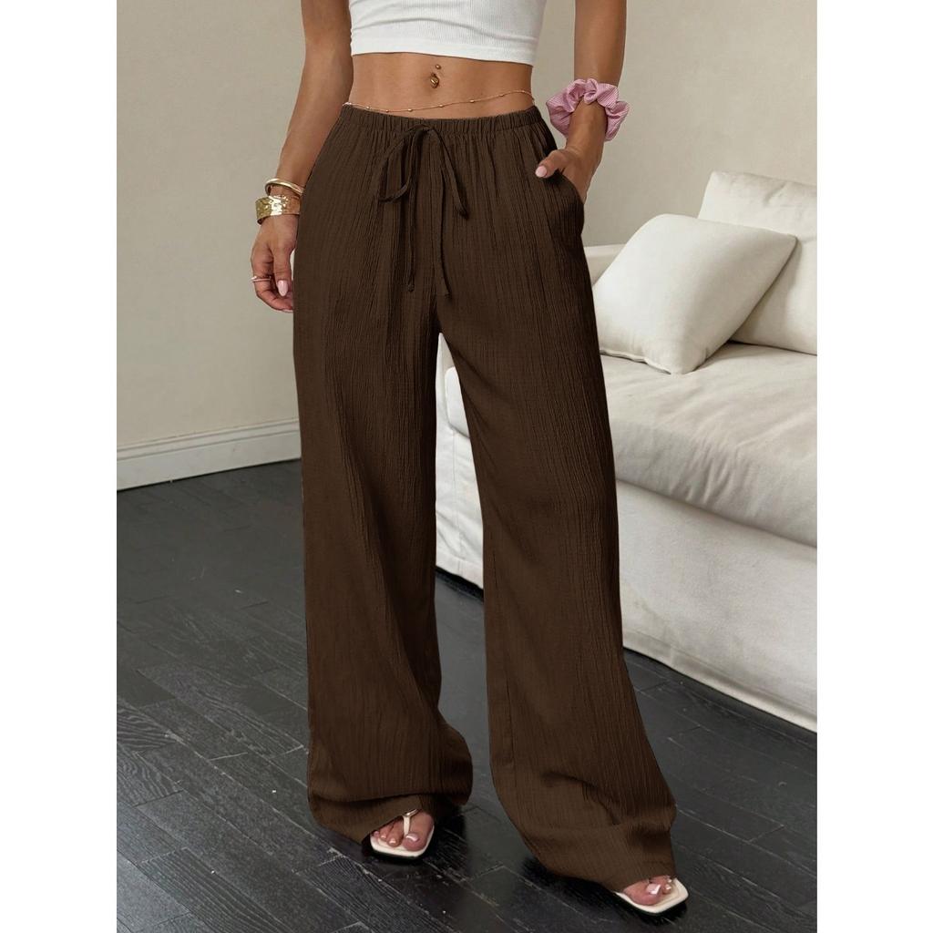 New Women's Casual Solid Color Textured Fabric Knotted Waist Slanted Pocket Wide Leg Pants