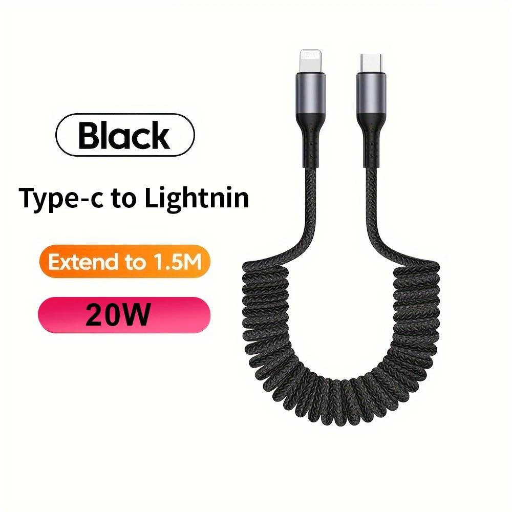 

2.4A Charger Cord USB Type C Spring Car Fast Charging Cable for iPhone 14 13 12 Pro Max USB C Data Wire for iPad B C TO L