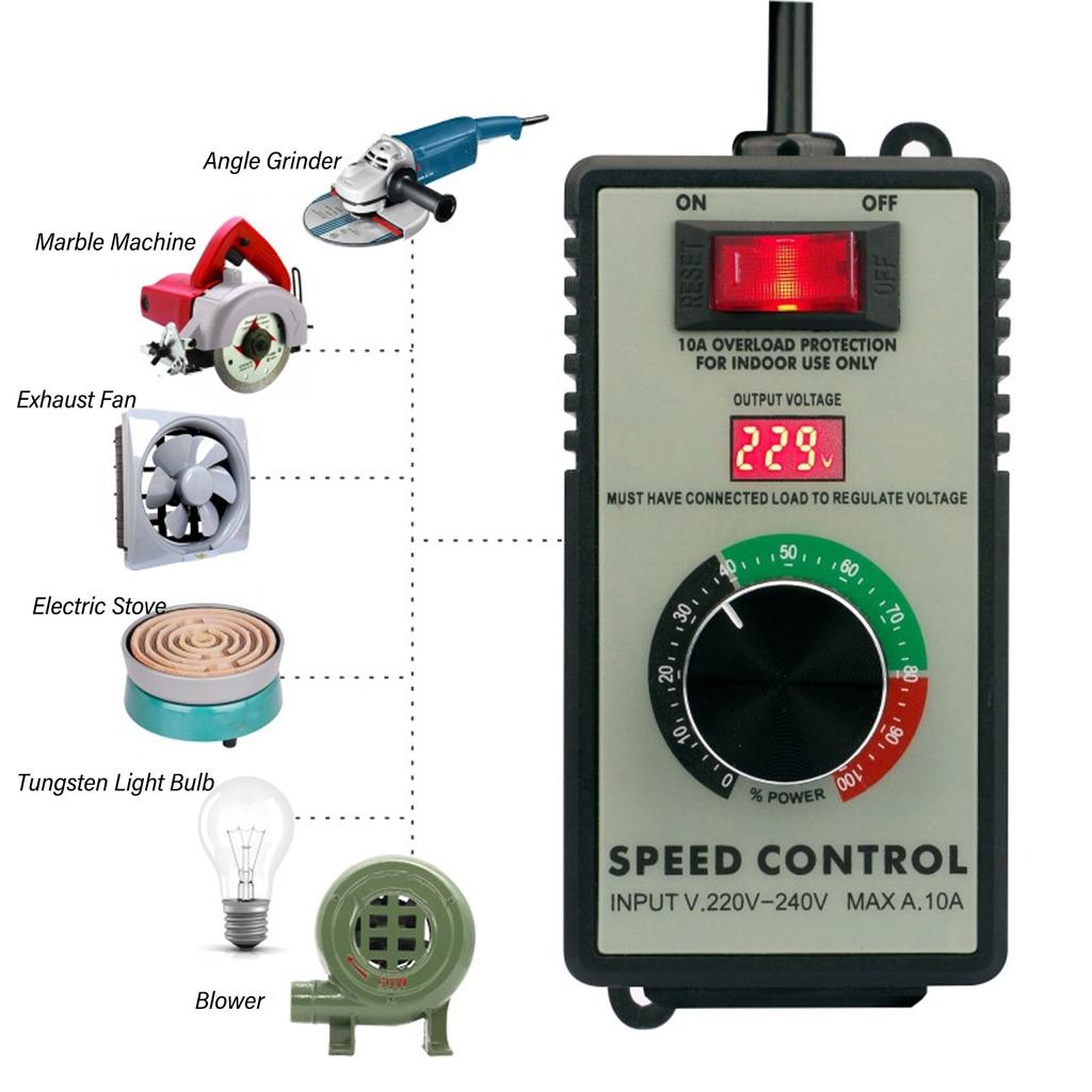 AC Motor Speed Controller Electric Fan Variable Speed Controller With 10A Universal Socket EU Plug AC220 To 240V 4000W