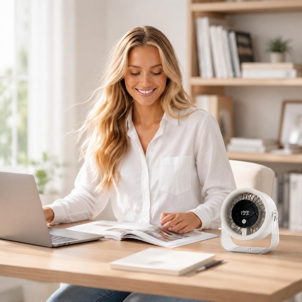 USB Rechargeable Desktop Fan with Digital Display - Small Desk Fan for Home Bedroom, 3 Speeds, Timer