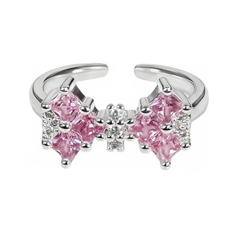 Süßer Mädchenstil Silber-Rosa Diamantenbesetzter Schatz Schleife Stern Krone Offener Ring Nische Stapelring Frau