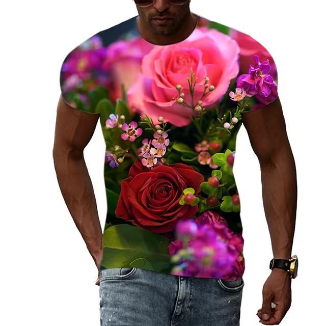Summer Rose Pattern T-shirt for Men In Large Size Fashionable and Casual Personalized Round Neck Printed T-shirt