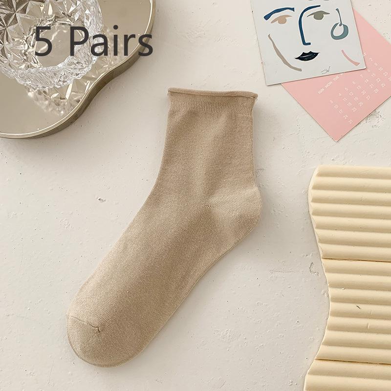 5 Pairs of Cute Candy Colored Rolled Up Mid Top Socks for Women In Summer