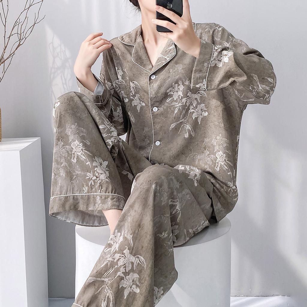 Cotton and silk suit spring and summer long-sleeved cardigan loungewear sweet wind floral pajamas women's spring and autumn thin pajamas can be worn
