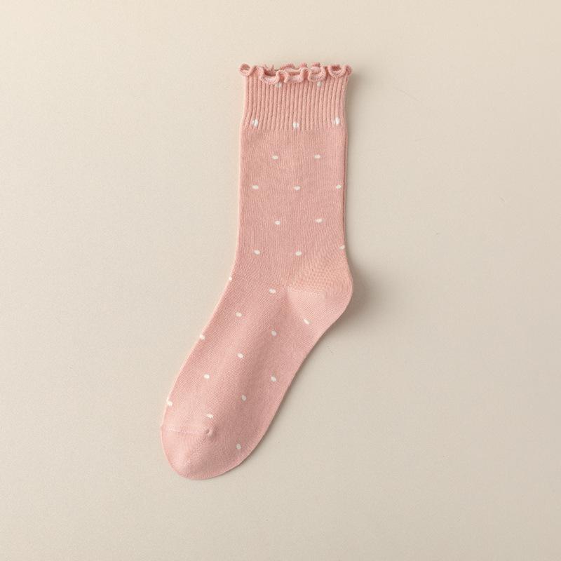 5/10 Pairs Ear Shaped Hem Socks for Women Spring Autumn Polka Dot Girl Instagram Style Cute Polka Dot Sweat Absorbing Mid Calf Socks and Pile Socks