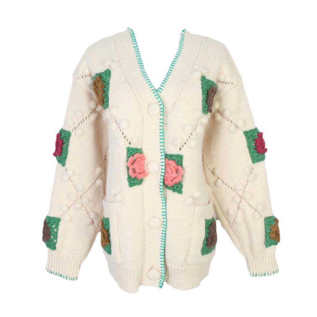 European & American Color-Block V-Neck Hand-Crocheted Loose Knit Cardigan – Autumn/Winter Style