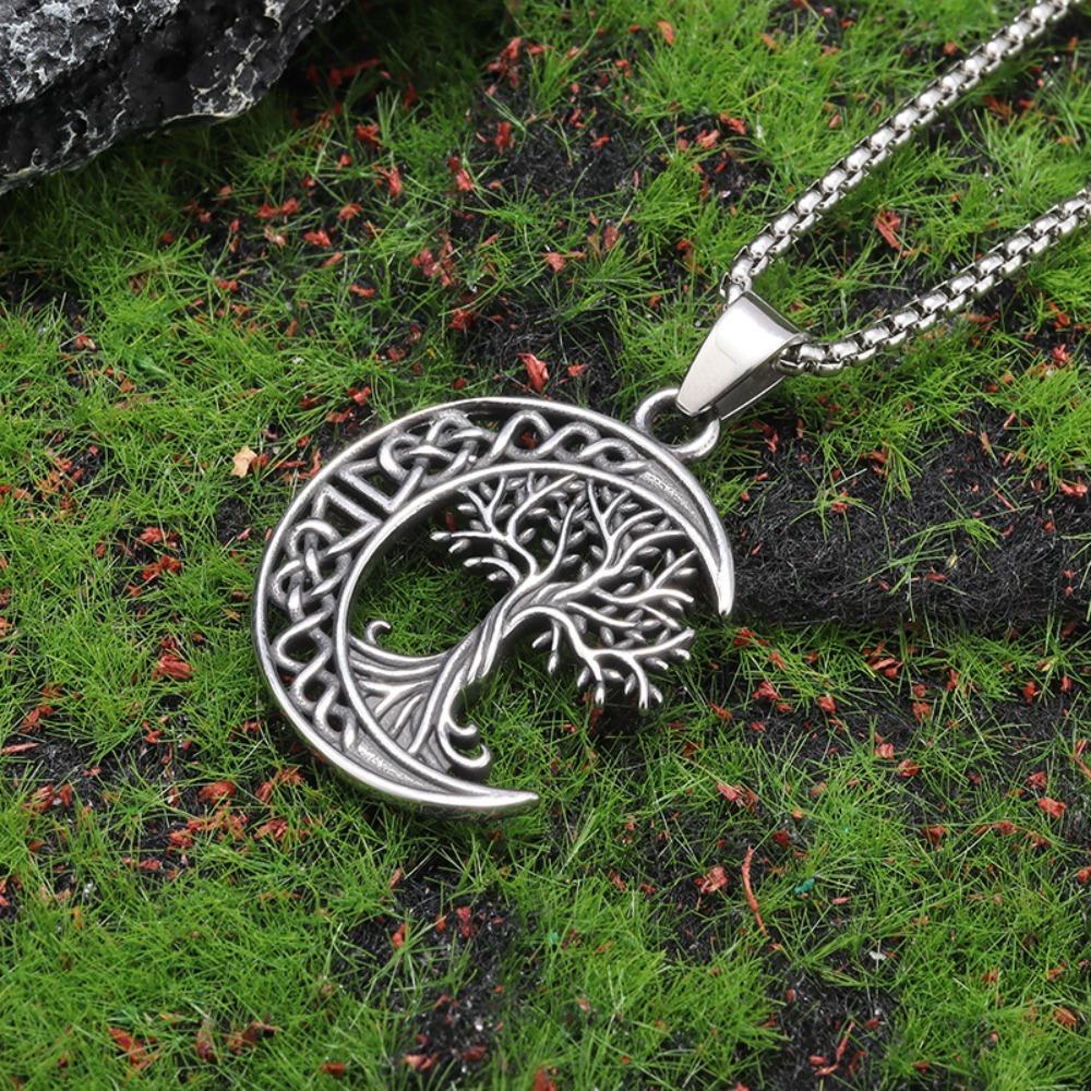 Viking Tree of Life Titanium Steel Pendant Moon Necklace Nordic Jewelry for Women Men