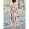 Women's Floral Three Quarter Sleeve Stand Collar Drawstring Waist Long Casual Dress