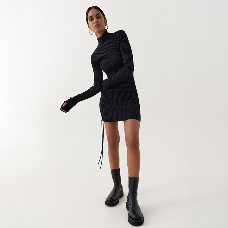 Langarm Rippen Geraffte Bandage Sexy Mini Kleid Herbst Winter Frauen High Neck Gestrickte Reine Party Elegante Outfits