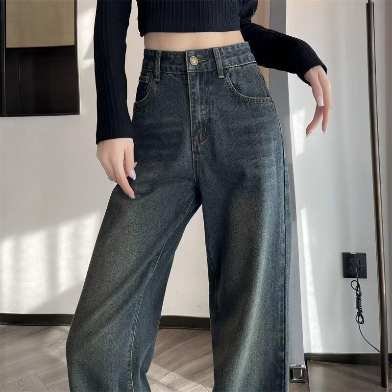 

Женские джинсы с высокой талией, в стиле ретро, с вышивкой, широкие штанины - прилегающего кроя для осени/зимы L серый