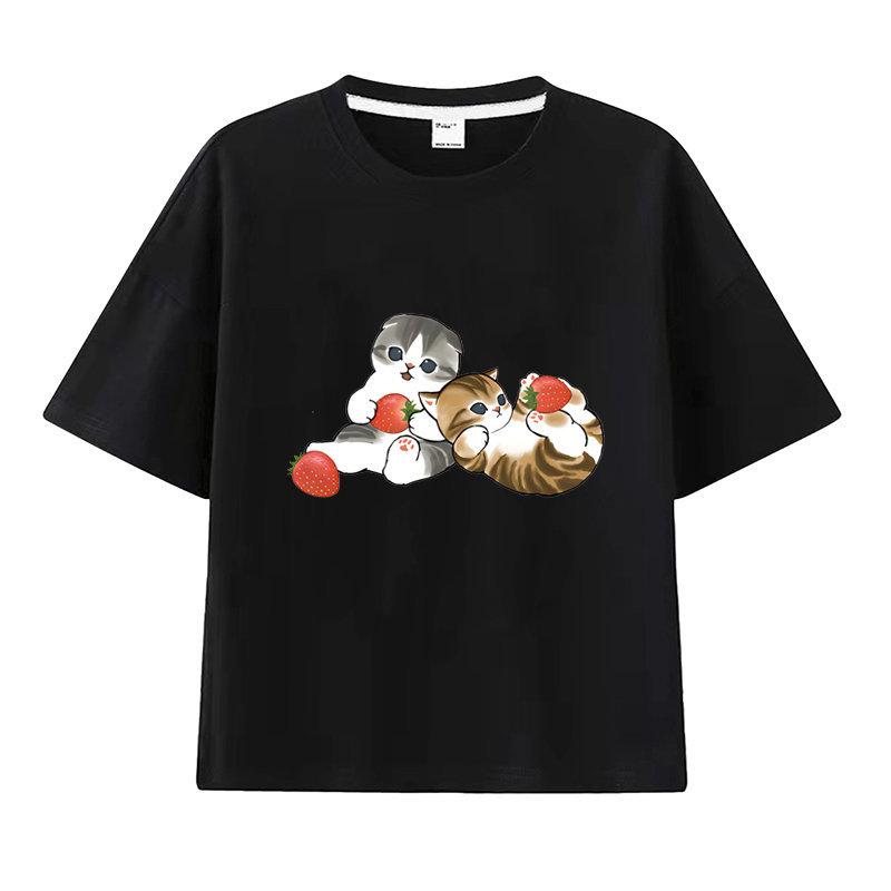 New Summer Catprinted Shortsleeved Tshirt A Cute and Trendy Outfit Featuring A Cartoon Shark Cat Kids Clothes Boys  Girl
