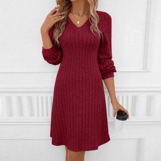 Herbst Winter Geripptes Strickkleid V-Ausschnitt Langarm Minikleid Einfarbig Dickes warmes A-Linien-Kleid Streetwear