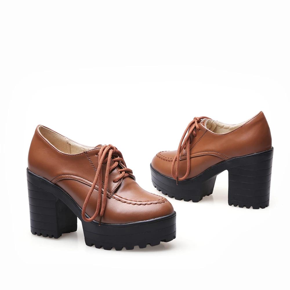 Designers New Spring Autumn Women Black High top Heels Lacing Platform Pumps Chunky Heel Leather White Red Brown