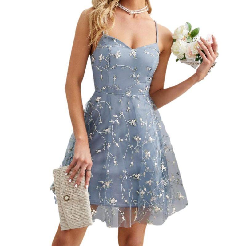 V-Neck Evening Dress with Straps, Embroidered Floral Mesh Dress, Party Dress, Bridesmaid Dress, Graduation Season Ball Gown, Short Dress
