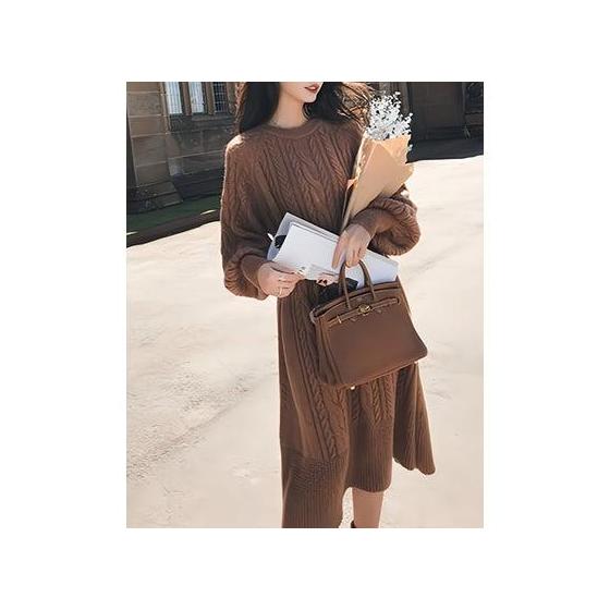 Lily of Valley Pom Pom Fur Oversized Cable Knit Flare Dress Long Long Sleeve (BR)