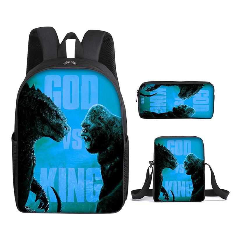 2021 Godzilla Wars King Kong School Bag Three-Piece Combination Set Primary And Secondary School Students Printed Backpack Cartoon School Bag