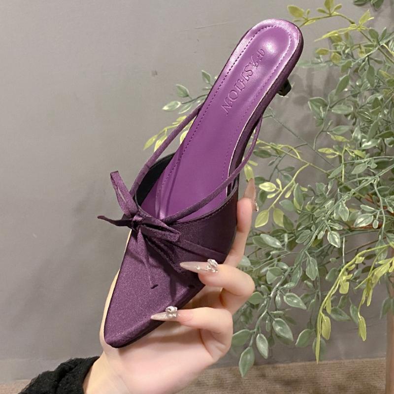 Fashion Women Slippers Fashion Bow Pointed Toe Shoes Elegant Dress Woman Heeled Sandals 2025 Sexy New Slides Luxury Sandalias De Mujer