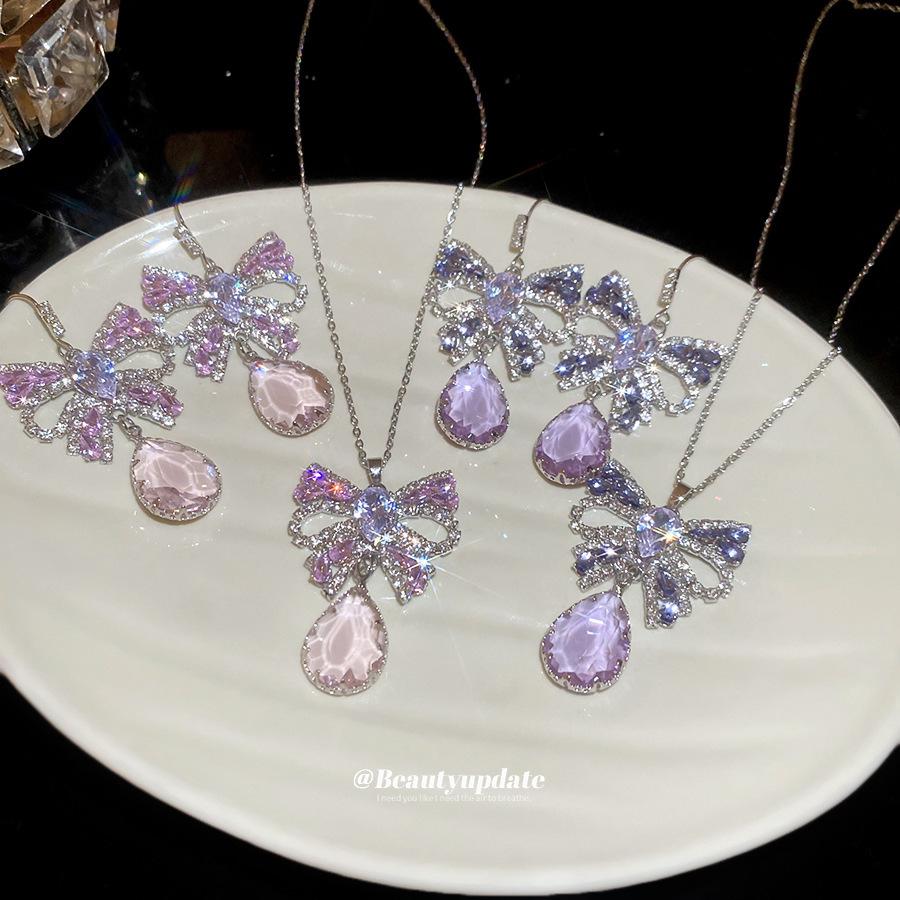 Elegant French Cubic Zirconia Bow Earrings and Necklace Set