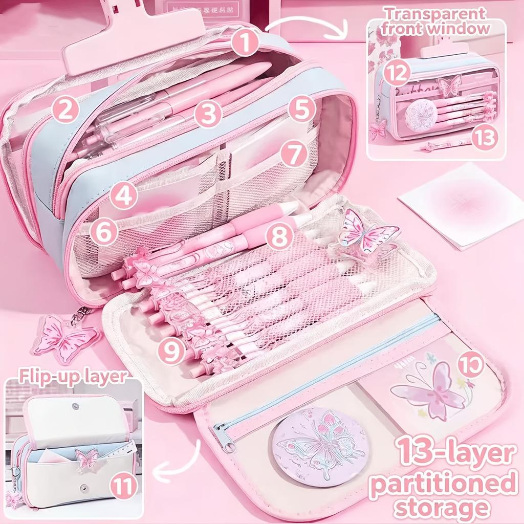 Trousse à crayons violette à 13 compartiments Grande capacité Set Pochette à fournitures à fenêtre transparente Sac à crayons Cadeau d'anniversaire pour enfants