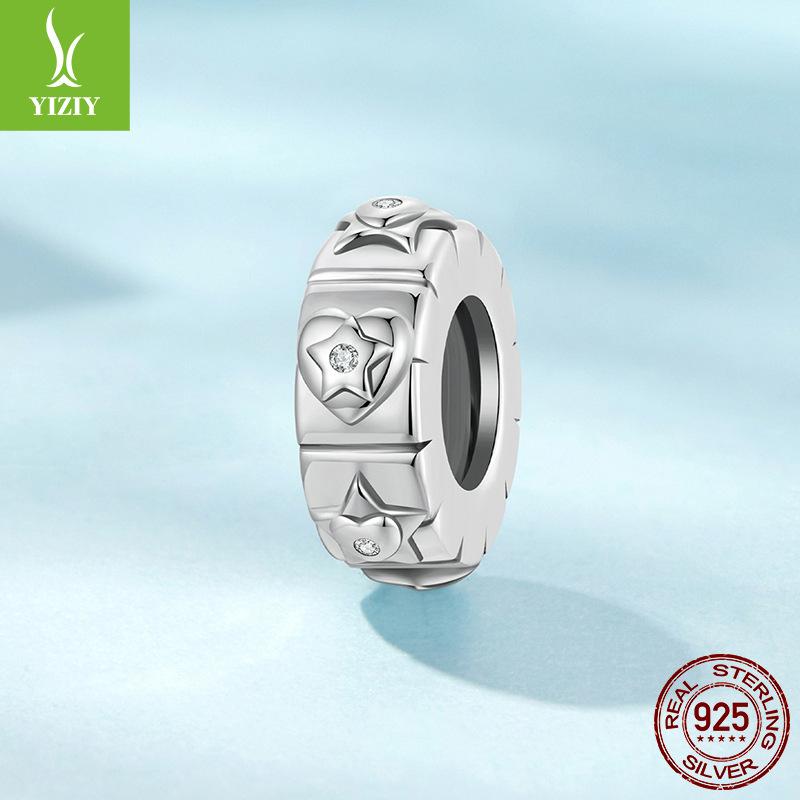 S925 Sterling Silver Love Star Silicone Ring Bead Diy Bracelet Beaded Jewelry Accessories Beads Loose Beads