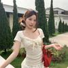 Korean Polka Dot Design Square Neck Bow Front Shoulder Short-sleeved T-shirt Summer Foreign Style Versatile Slim-fit Lace Top Ins