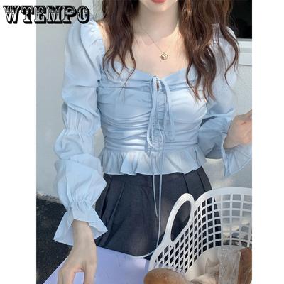Square Neck Puff Sleeve Women Blouse Blue Cropped Top Pleated Design Vintage Shirt Simple Casual Sexy Sweet Spring Summer