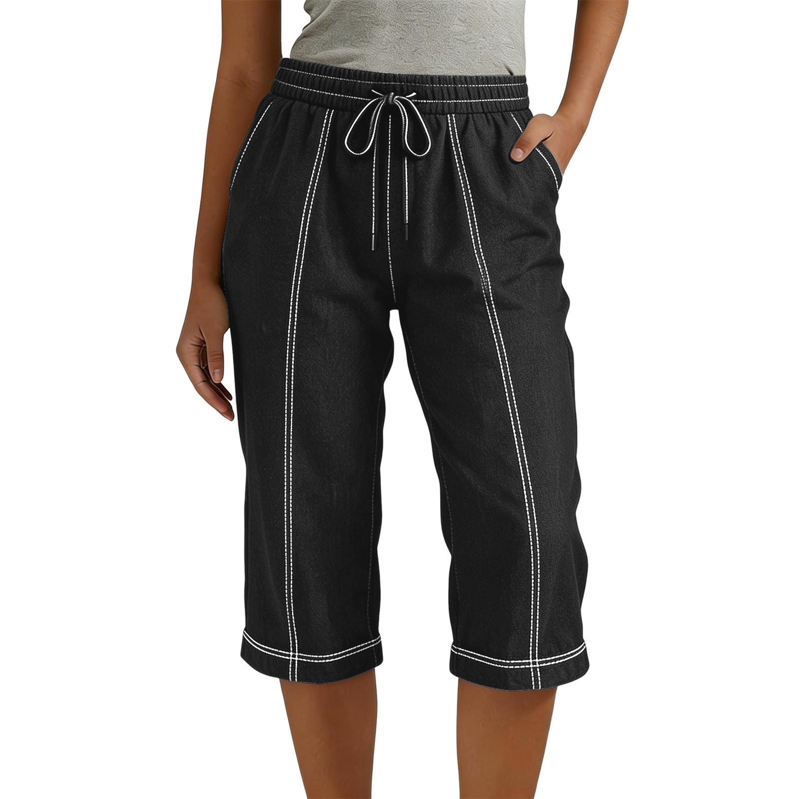 Women s Fashion -Color Loose-Fit Tie-Waist Casual Cropped Pants XL чёрный