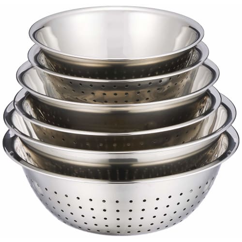 Wahei Freiz Stainless Steel Bowl & Perforated Colander E Set (Plonge II Bowl 15, 18, 20cm, Colander 15, 18, 20cm) MG-0324 Plonge II (6 Patterns)