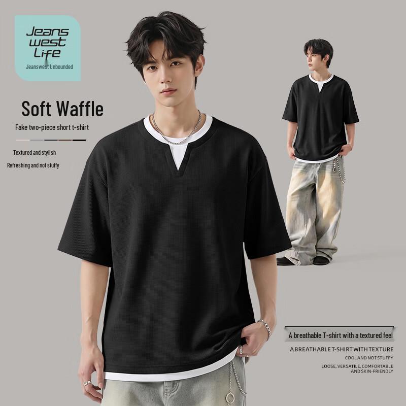JEANSWEST LIFE Unisex Soft Waffle Knit Faux Two-Piece Short Sleeve T-Shirt L