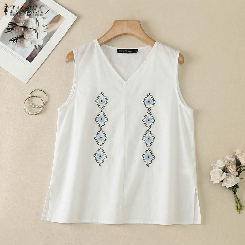 ZANZEA Women Casual V-Neck Summer Sleeveless Print Tank Tops