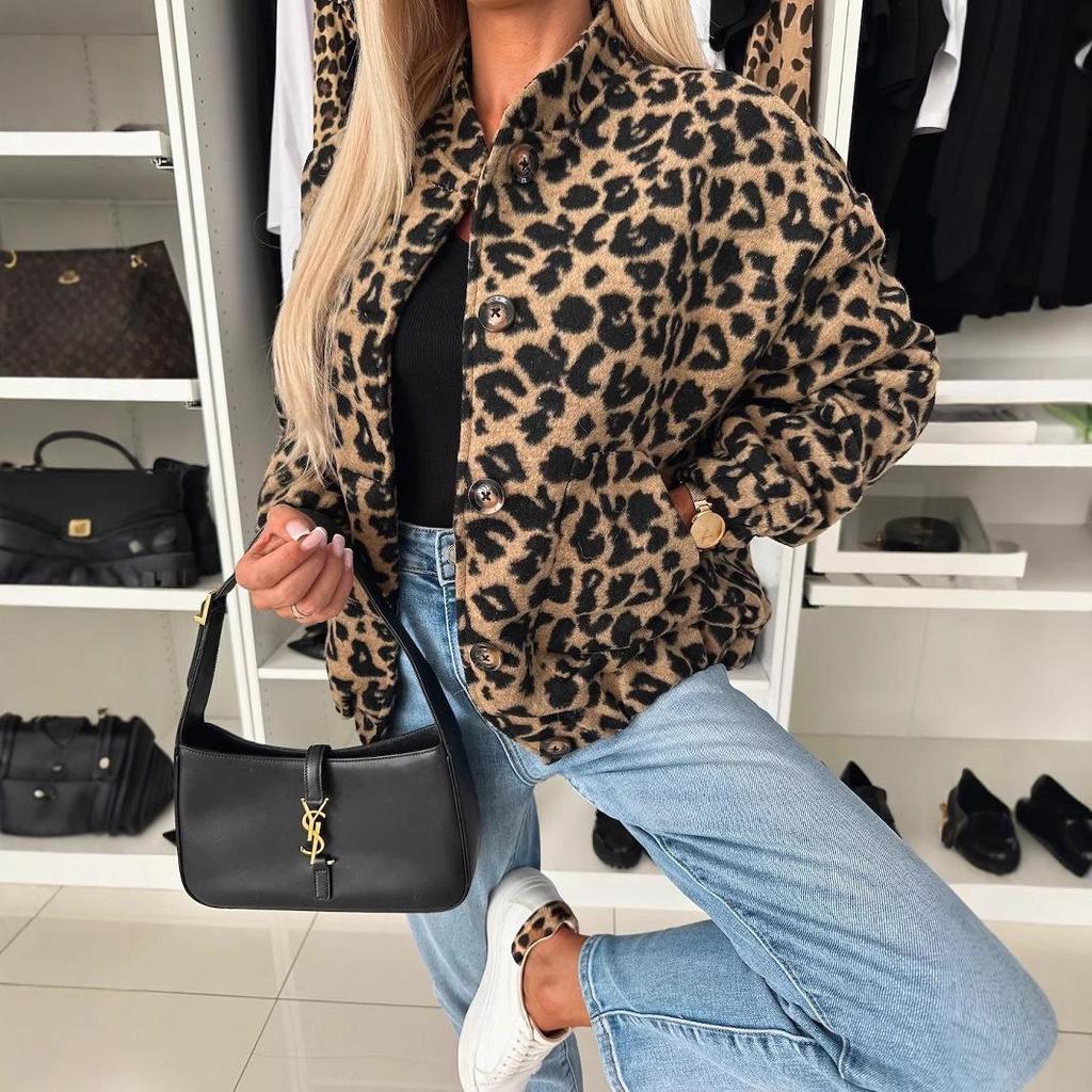 Women's Long-Sleeved Leopard Print Jacket for Autumn/Winter
