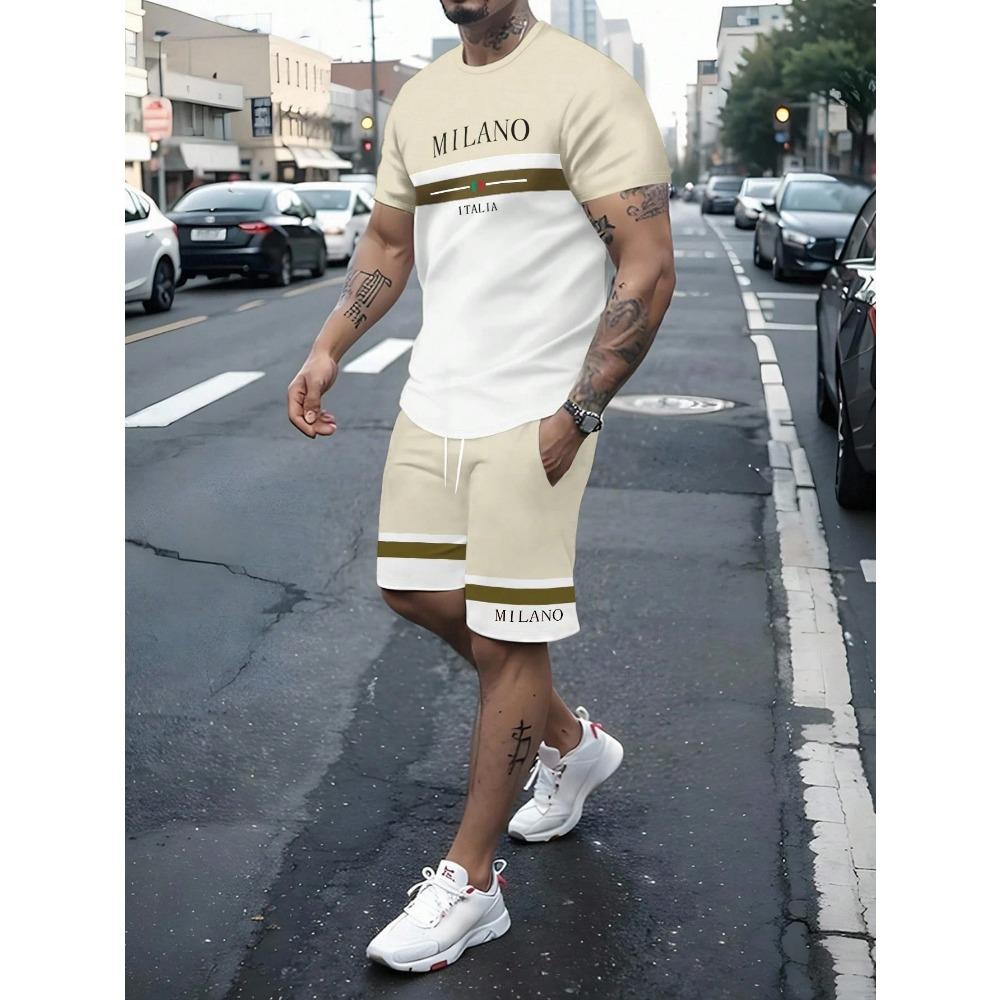 Conjunto de 2 Piezas para Hombre de Verano Camiseta de Manga Corta con Estampado de Letras y Rayas Shorts con Cordón Oversize Holgado Cuello Redondo
