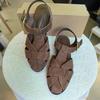 Brown Gladiator Sandals for Women Summer Retro Woven Closed Toe Flat Sandals Comfort Buckle Strap Shoes