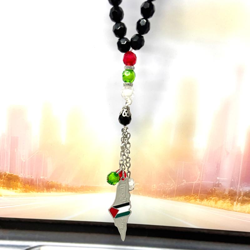 Palestine Map Flag Arabic Letter Car Pendant for Women Men Stainless Steel Silver Color Country Colorful Prayer Beads Jewelry