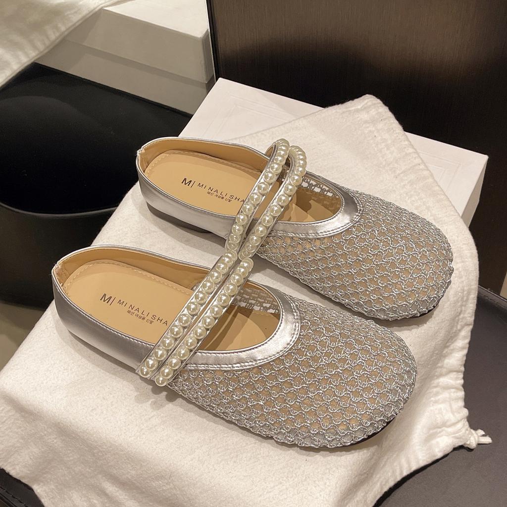 2025 New Thick-soled Mary Jane Shoes Women's Summer Outer Wear Bag Head Half Slippers Shoes Lazy One Pedal Mesh Sandals