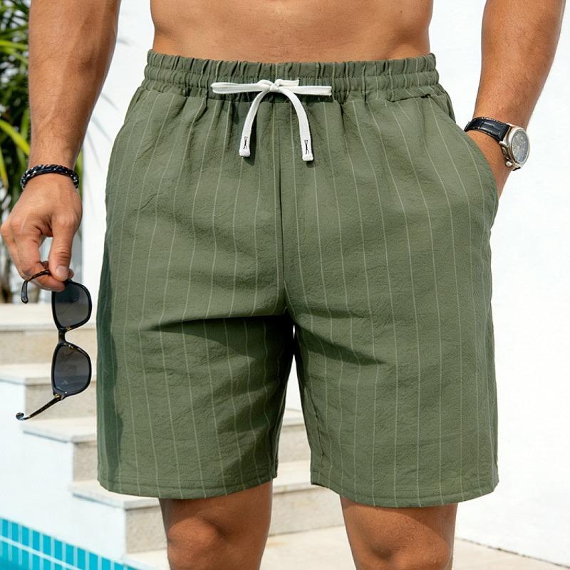 Mens Striped Linen Drawstring Beach Shorts Summer Casual
