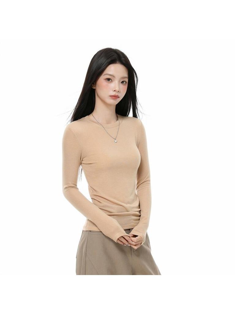 Women's Gray Slim-Fit Long-Sleeve T-Shirt: Korean Style, Autumn/Winter Base Layer