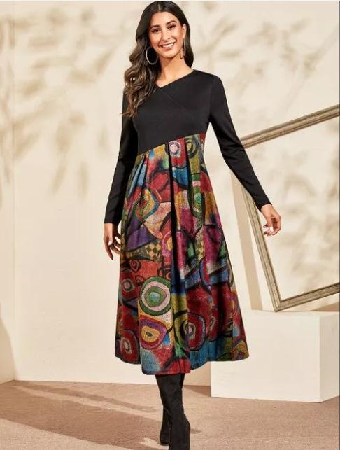 Women Color Block Floral Print Long Sleeve Maxi Dress Casual Loose A Line Long Dress S-XXXL
