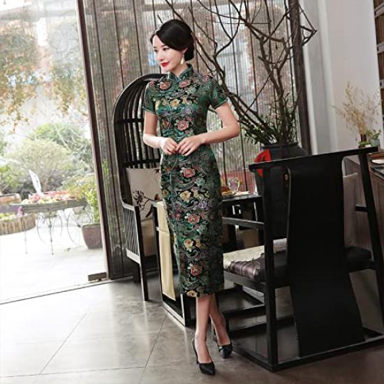 Embroidered Floral Satin Long Maxi Shiny Cheongsam Dress with Ten Buttons [TRTRO] Cheongsam, Cheongsam, Length, (Small, Green)