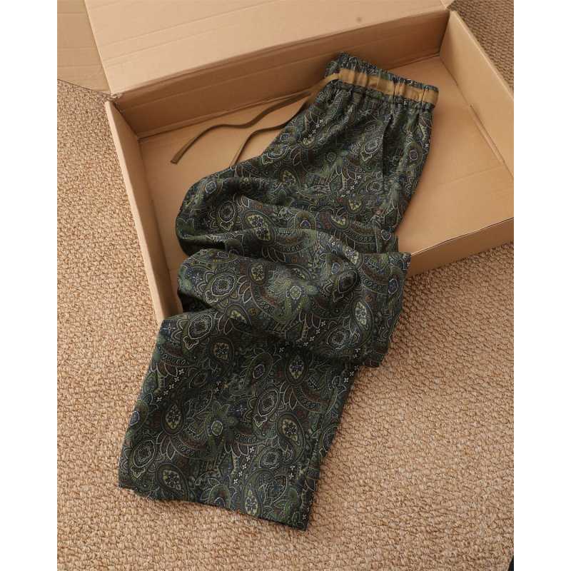 Dames Vintage Paisley Print Linnen Katoen Broek Elastische Taille Wijde Pijp Rechte Broek
