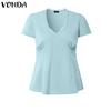 VONDA Women Casual V Neck Short Sleeve Ruffled Soild Color Blouse