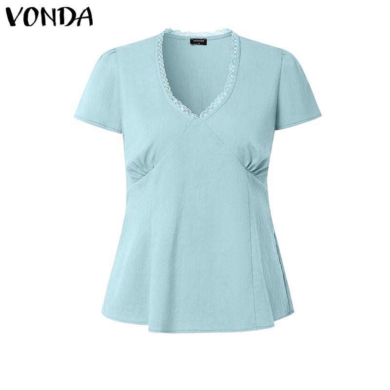 VONDA Women Casual V Neck Short Sleeve Ruffled Soild Color Blouse