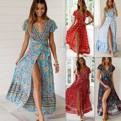Summer Short Sleeve Casual Printed Long Dress Sexy Floral Fashion Elegant Loose Holiday A-line High Slit Party Dress Slim Fit Women's Clothing