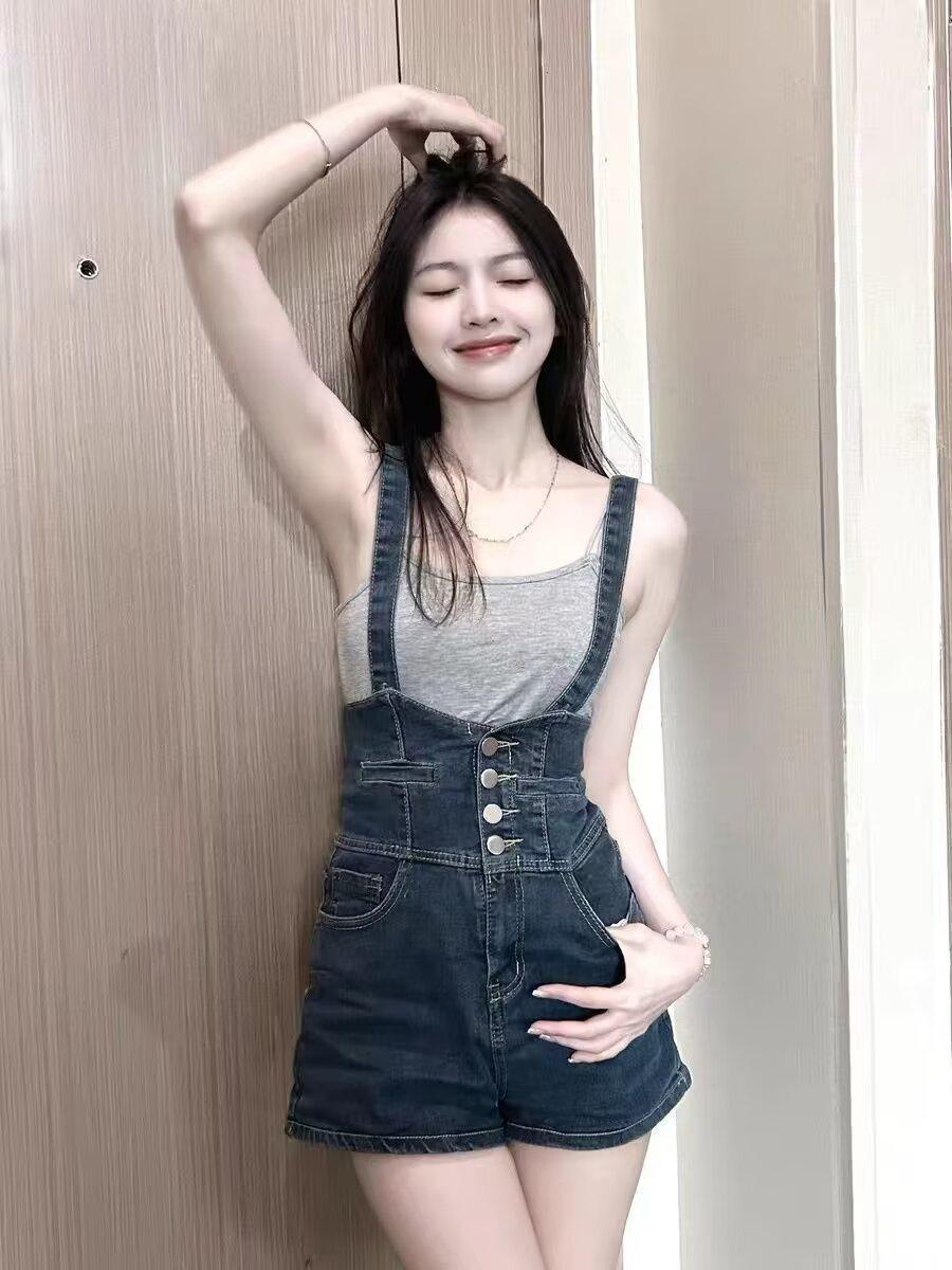 

Джинсовый комбинезон 2024 в стиле ретро с высокой талией для женщин - Шорты облегающего кроя в уличном стиле L синий