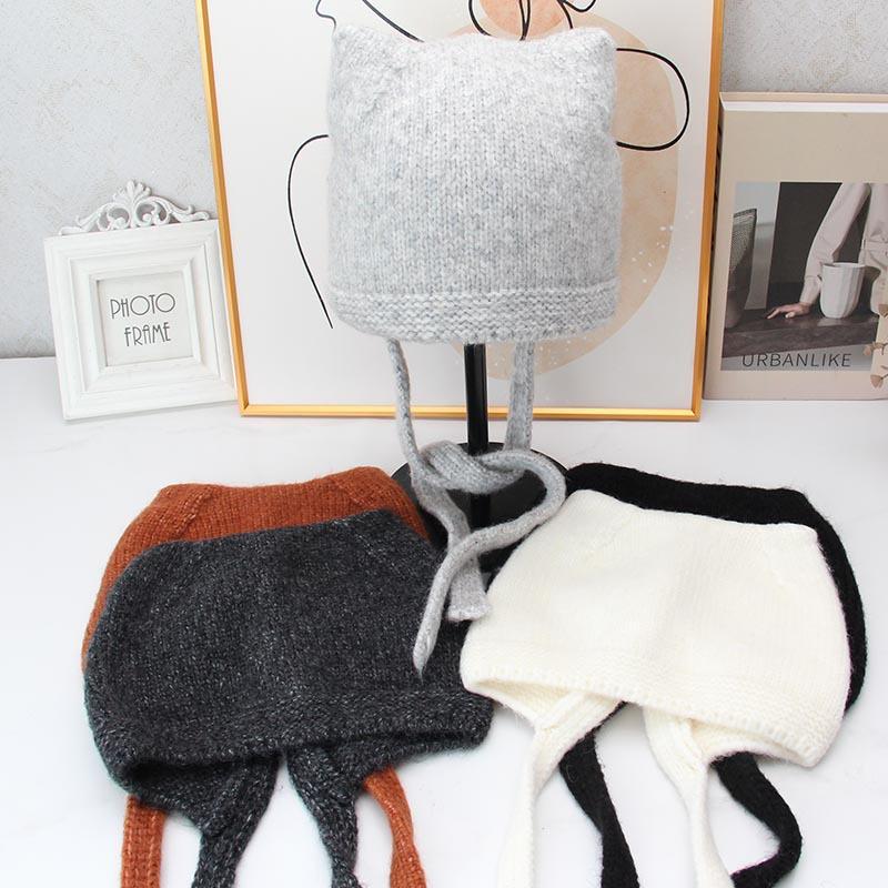 Cute cat ears lace-up knitted wool hat women's autumn and winter outdoor warmth versatile and thin bag head ear protection hat