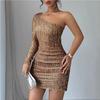 Women's Spring Autumn New Sexy Sequin One Shoulder Mini Dress Long Sleeve Ruched Bodycon Slim Fit Elegant Evening Party Night Club Cocktail Dress