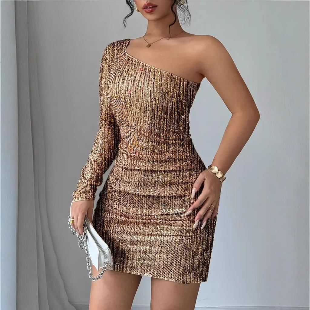 Women's Spring Autumn New Sexy Sequin One Shoulder Mini Dress Long Sleeve Ruched Bodycon Slim Fit Elegant Evening Party Night Club Cocktail Dress