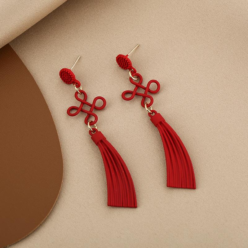 Silver Needle Red Chinese Knot New Year Long Dangle Earrings - Festive, Fashionable, Versatile